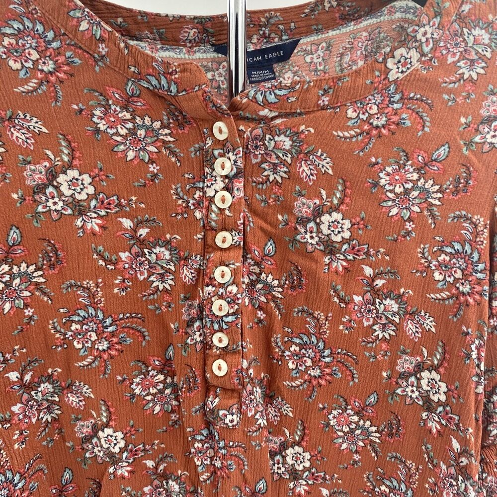 Womens Size M American Eagle Floral Print Rust Orange Boho Prairie Top - Picture 5 of 9